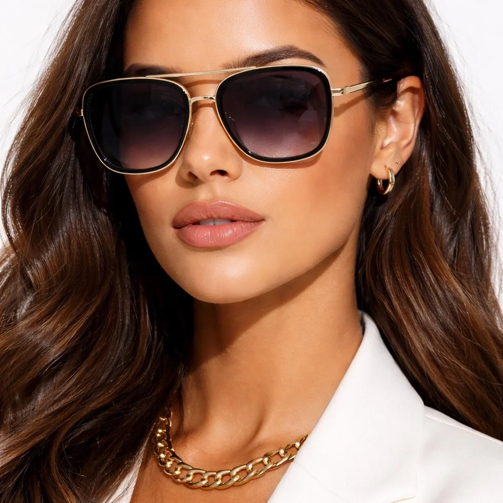 Luxury Black & Gold Oversized Aviator Sunglasses | Gradient Lens Designer Style